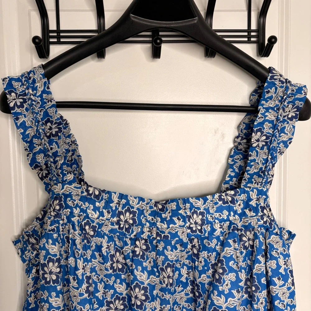 J. Crew Cotton Voile Ruffle Trim Shift Dress Blue Floral Pockets 3XL Cottagecore